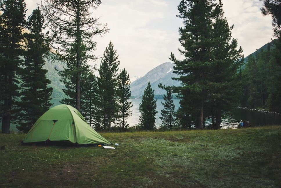 green tent, grass, trees, and mountains behind far away