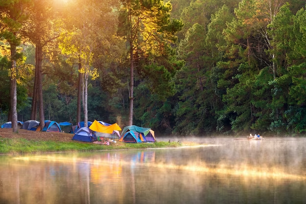 Tent camping near a body of water